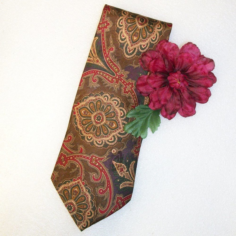 Villa Bugatti Men's 100% Silk Tie Gold Red Brown Green Purple Print